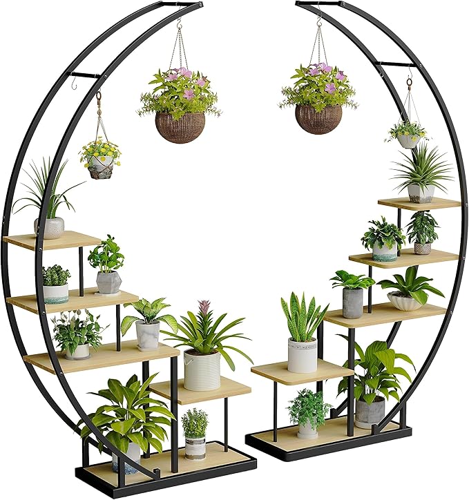 JAKE&JULIA Plant Stand, Moon 5 Tier Tall Metal Plant Shelf with 3 Hooks, Large Curved Shape Rack Plant Holder for Living Room, Garden, Patio, Balcony