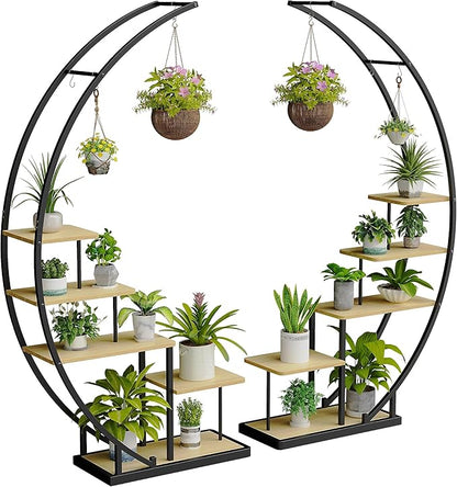 JAKE&JULIA Plant Stand, Moon 5 Tier Tall Metal Plant Shelf with 3 Hooks, Large Curved Shape Rack Plant Holder for Living Room, Garden, Patio, Balcony