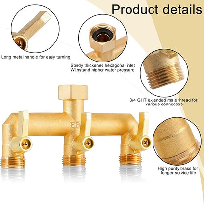 EBH Brass Garden Hose Splitter, 3 Way Outdoor Faucet Splitter, 3 Long Metal Handle and Individual On/Off Valve, GHT 3/4-Inch Heavy Duty Hex Female Inlet and 3/4-Inch Male Outlet
