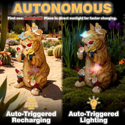 Solar Funny Garden Gnomes Kitty Figurine Colorful Gradent LED Lights Decorations for Yard Sculpture Outdoor Statue