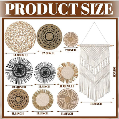 Tatuo 11 Pcs Boho Wall Basket Decor Decorative Bulrush Woven Basket Wall Decor Art Round Farmhouse Hanging Baskets for Kitchen Rustic Home Summer Decorations, Multi Sizes(Flower)