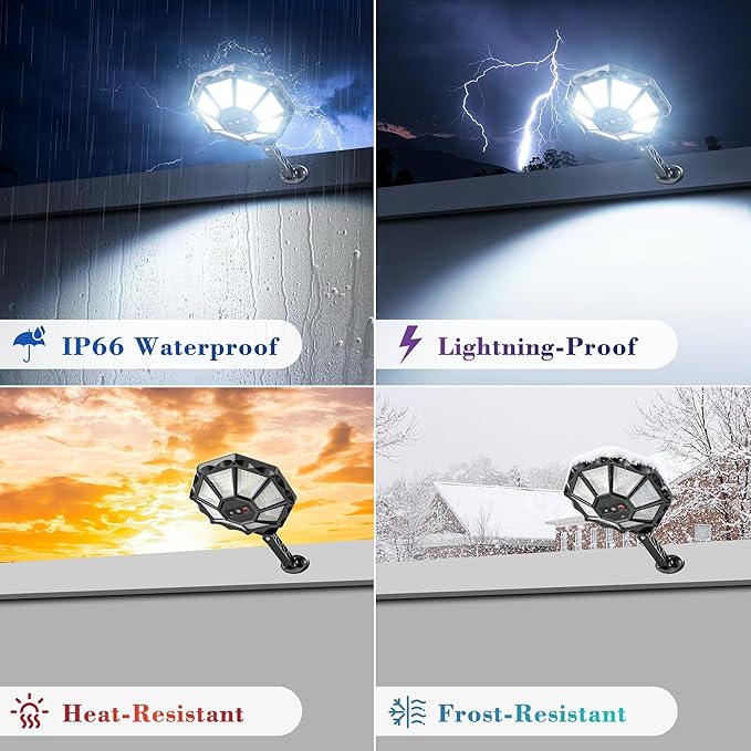 Solar Lights Outdoor - 6500K Solar Street Lights Outdoor, Motion Sensor&Dusk to Dawn Flood Light, 168LED 8 Sides 360°Wide Angle Security Flood Light, IP66 Waterproof with Remote, for Yard/Pool(2 Pack)