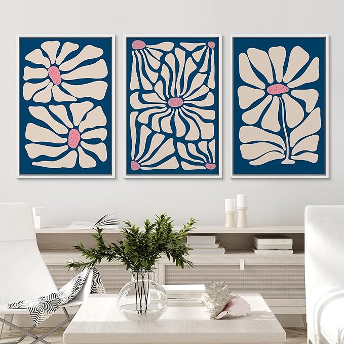 Ashbrook Framed Canvas Print Wall Art Set Mid-Century Modern Navy Blue Flowers Nature Wilderness Illustrations Modern Art Floral Botanical Minimal Calm/Relax/Cozy for Bedroom - 24"x36"x3 White