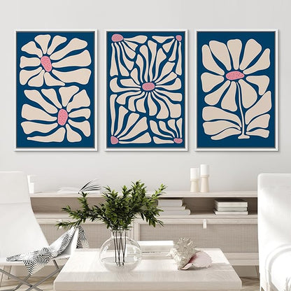 Ashbrook Framed Canvas Print Wall Art Set Mid-Century Modern Navy Blue Flowers Nature Wilderness Illustrations Modern Art Floral Botanical Minimal Calm/Relax/Cozy for Bedroom - 24"x36"x3 White