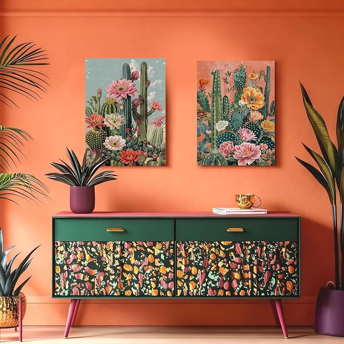 RUMSICH 2Pieces Mexican Cactus Canvas Wall Cover Art Vintage Desert Floral Wall Decor Paintings Southwestern Artwork Pictures Bohemian Botanical Posters Print Bedroom Bathroom Office Decor 12×16 Inch