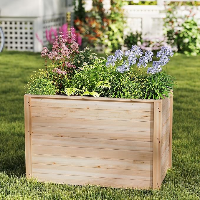 Giantex Wood Raised Garden Bed, 40"x25"x26" Elevated Planter Box w/Open-Ended Base for Deep-Rooted Plant Vegetable Fruit Flower, Outdoor Solid Wood Planter for Patio Backyard (1,40"x25"x26")