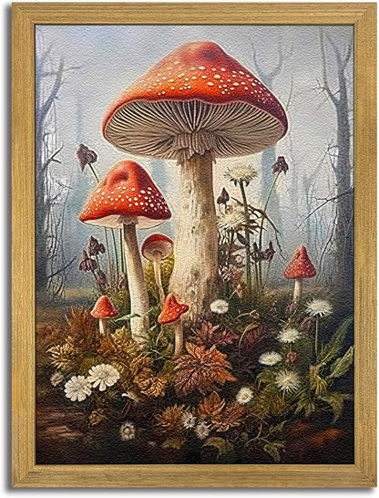 Framed 3D Textured Wall Art, Gothic Dark Mushroom Wall Decor, Vintage Hand Drawn Sandstone Nature Botanical Pictures for Living Room Bathroom Bedroom Dining Room 16x24 inch