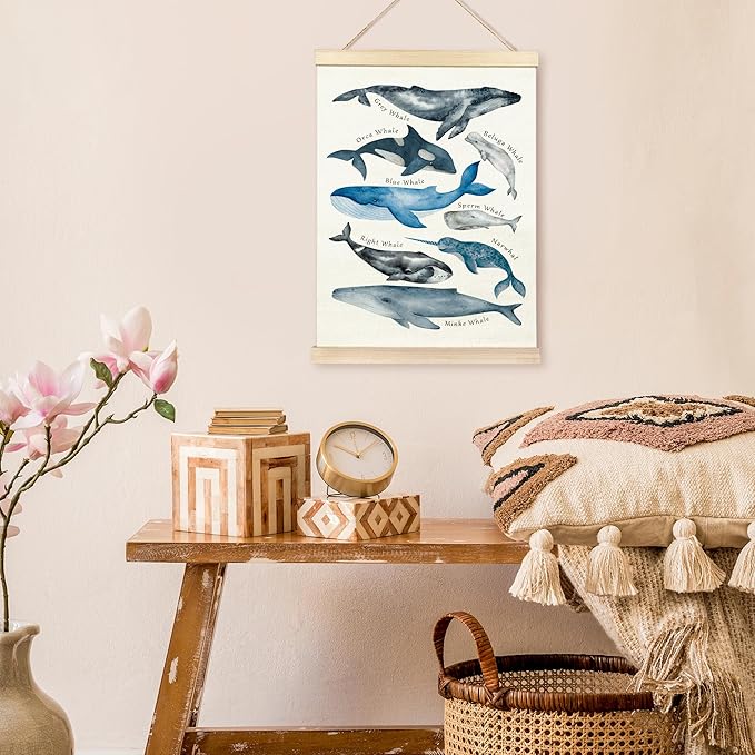 TAEDIN Whales Ocean Animal Chart Poster Hanger Frame, Whales Nautical Wall decor Educational Wooden Canvas Print, Sea Life Beach Wall Decor Painting for Classroom Nursery Bedroom Teen Room 12X16