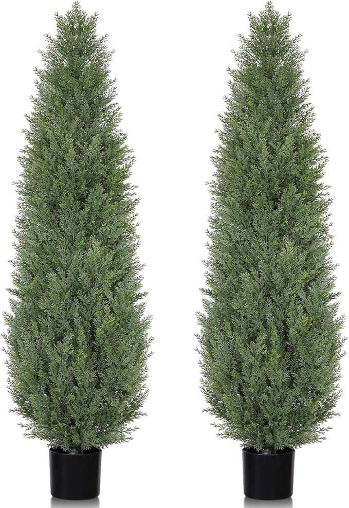 Artificial Cedar Topiary Trees, 5 FT Outdoor Faux Cedar Tree Evergreen Plant, 60 inch UV Rated and Fake Potted Cypress Tree Shrubs for Gateway Front Door Porch Balcony Yard Decor, Set of 2