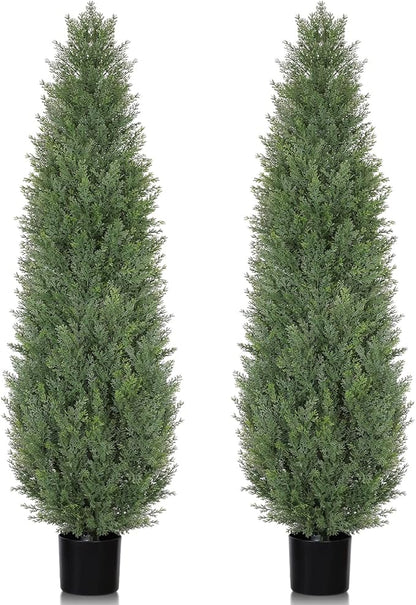 Artificial Cedar Topiary Trees, 5 FT Outdoor Faux Cedar Tree Evergreen Plant, 60 inch UV Rated and Fake Potted Cypress Tree Shrubs for Gateway Front Door Porch Balcony Yard Decor, Set of 2