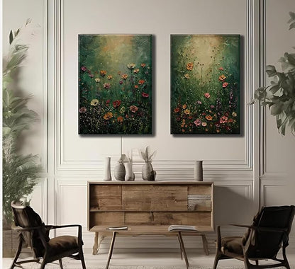 2Psc Vintage Framed Canvas Wall Art Dried Flowers Painting Picture Wall Decor Retro Moody Floral Botanical Poster Print Artwork for Bathroom Bedroom Living Room Gallery Home Decoration
