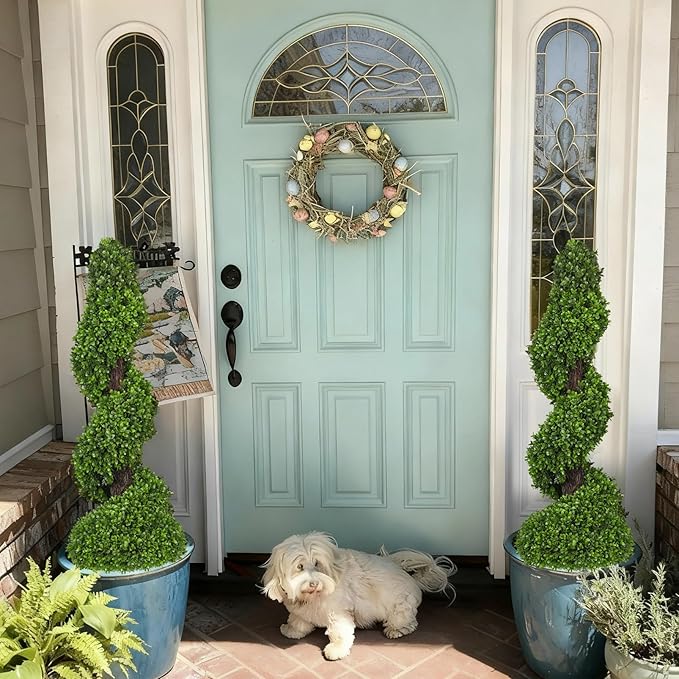 Artificial Boxwood Topiary Trees for Outdoor Front Door, Porch, Garden - 3 ft Tall Spiral Faux Shrubs Plants with Ceramic Planters, Fake Tree Potted for Indoor Home Office Decor, Set of 2