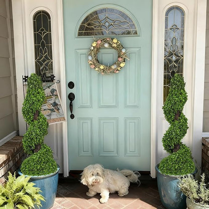 Artificial Boxwood Topiary Trees for Outdoor Front Door, Porch, Garden - 3 ft Tall Spiral Faux Shrubs Plants with Ceramic Planters, Fake Tree Potted for Indoor Home Office Decor, Set of 2