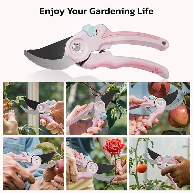 NEXON Garden Pruning Shears 2 Pack, 8" Bypass Hand Pruner & 6.25" Precision Garden Scissors, Professional Garden Clippers for Plants and Flowers Pink