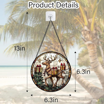 Stained Glass Window Hanging, Christmas Tree Elk Sun Catchers Colorful Glass Panel Retro Suncatcher Decor for Birthday for Women, Men, Wife, Aunt, and Mom 6.3 in