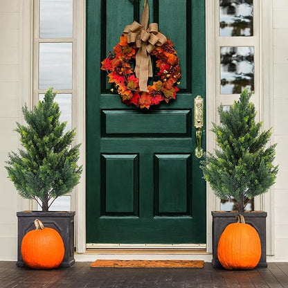 2.3FT Tall Artificial Cedar Topiary Trees Set of 2, Artificial UV Resistant Potted Plants, Faux Bushes Fake Shrubs for Outdoor Indoor Home Entryway Front Porch Garden Patio Offices Living Room Decor