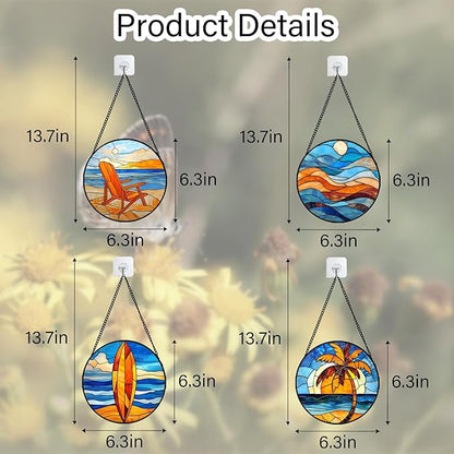 Stained Glass Window Hanging 4 Pcs Set Blue Orange Ocean Beach Theme 6.3" - Suncatcher Door Garden Sun Catcher Decor Birthday Christmas for Mom Woman Nana Men Wife