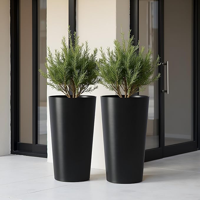 2Pack 23" Tall Modern Plant Pots Black, Indoor/Outdoor Planting with Wire Drawing Process, Containers Large Decorative Tree Planter Front Porch Patio