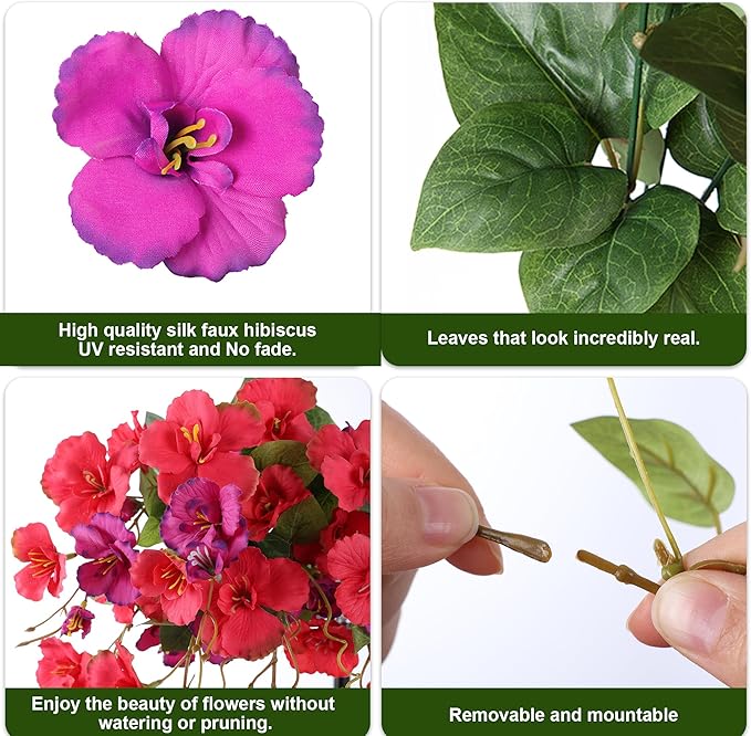 Fake Hibiscus Artificial Hanging Flowers Plants for Outdoors Spring Decoration, 2pcs Silk Hibiscus Vines Realistic UV Resistant Faux Flowers for Outside Planter Porch Patio Yard Wedding Party, Mix