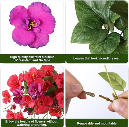 Fake Hibiscus Artificial Hanging Flowers Plants for Outdoors Spring Decoration, 4pcs Silk Hibiscus Vines Realistic UV Resistant Faux Flowers for Outside Planter Porch Patio Yard Wedding Party, Mix