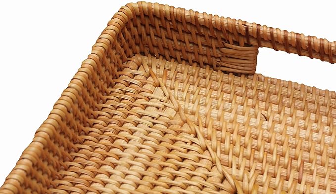 Rectangular Wicker Serving Tray | Set of 2 | Handmade Woven Rattan Storage Basket | Decorative Coffee Tabletop Tray | Boho Flat Bathroom Organizer - (L- 15.4""x2.4"" M- 13.7""x 2"")