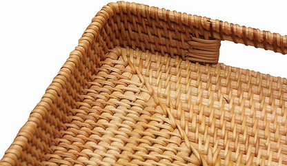 Rectangular Wicker Serving Tray | Set of 2 | Handmade Woven Rattan Storage Basket | Decorative Coffee Tabletop Tray | Boho Flat Bathroom Organizer - (L- 15.4""x2.4"" M- 13.7""x 2"")