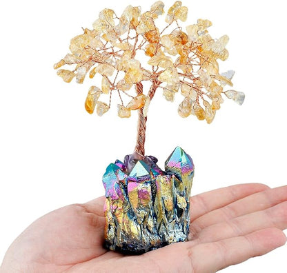 mookaitedecor Citrine Crystal Tree, Quartz Cluster Rainbow Titanium Crystals Base Bonsai Money Tree for Wealth and Luck