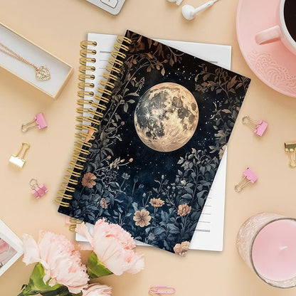 XPH Vintage Floral Moon Spiral Notebook, Dark Cottagecore Botanical Flower Journaling Notebooks for Women, Floral Aesthetic Hardcover Journals for Writing 160 Pages 5.5 x 8.3 Inch, Moon Gifts