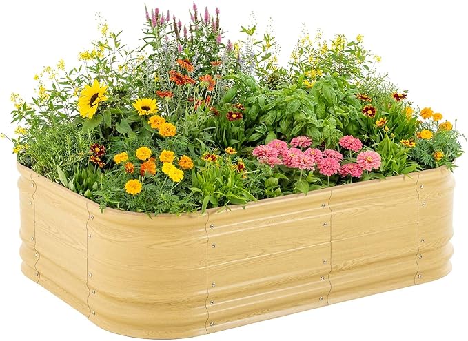 Vego garden Raised Garden Bed, 17" Tall 6 in 1 Novel Modular Raised Garden Bed Kit, Wooden-Look Metal Planter Box for Vegetables, Flowers & Fruits, Sunlit Oak
