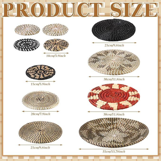 Tatuo 11 Pcs Boho Wall Basket Decor Decorative Bulrush Woven Basket Wall Decor Art Round Farmhouse Hanging Baskets for Kitchen Rustic Home Summer Decorations, Multi Sizes (Dark)
