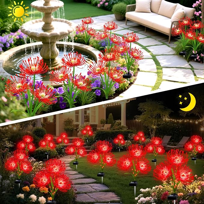 Solar Garden Flower Lights Outdoor,4 Pack 12-Head Red Spider Lily Waterproof with Glowing Stems,Elegant Yard & Patio Decor,Ideal Valentine's,Christmas & Gardening Gifts for Women,Mothers & Grandma
