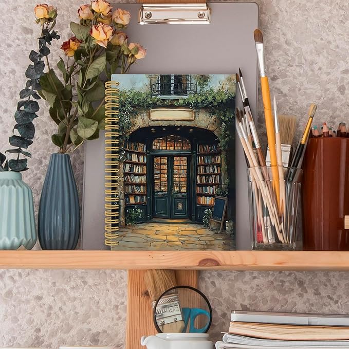 XPH Vintage Bookshop Reading Spiral Notebook, Book Lovers Gifts Journaling Notebooks for Women, Bookish Gift Hardcover Journals for Writing 160 Pages 5.5 x 8.3 Inch, Book Reader Gifts