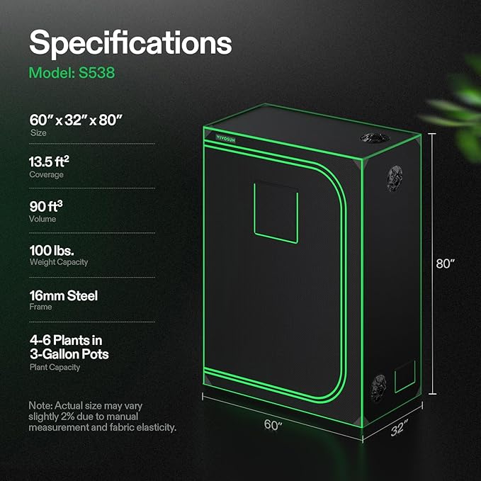VIVOSUN S538 5x2 Grow Tent, 60"x32"x80" High Reflective Mylar with Observation Window and Floor Tray for Hydroponics Indoor Plant for VS2000/VSF4300