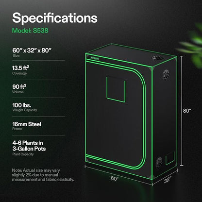 VIVOSUN S538 5x2 Grow Tent, 60"x32"x80" High Reflective Mylar with Observation Window and Floor Tray for Hydroponics Indoor Plant for VS2000/VSF4300