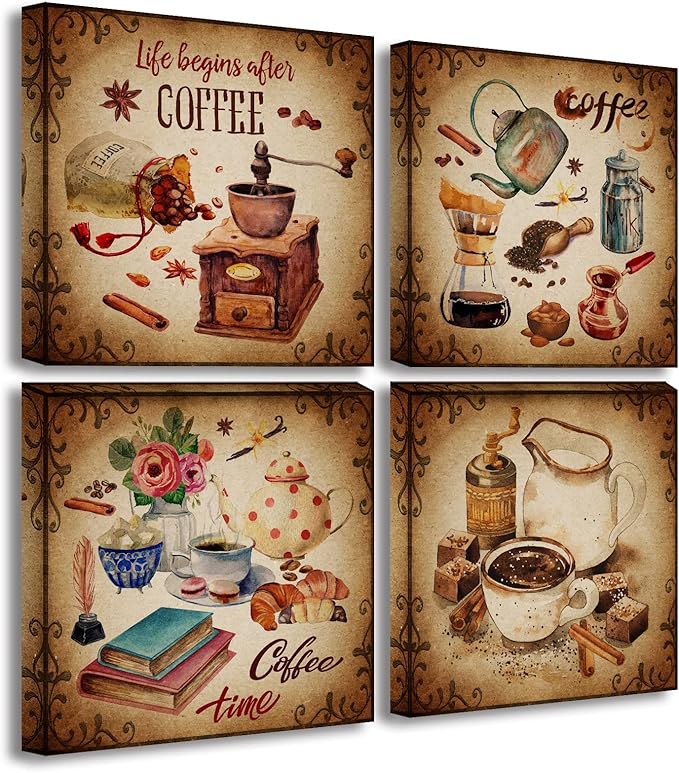BLINFEIRU Kitchen Wall Art Coffee Decor Canvas Prints Vintage Brown Pictures for Coffee Bar Wall Decor 4 Panel Modern Artwork for Dining Room Cafe Restaurant Decorations Framed 12" Wx12 Hx4