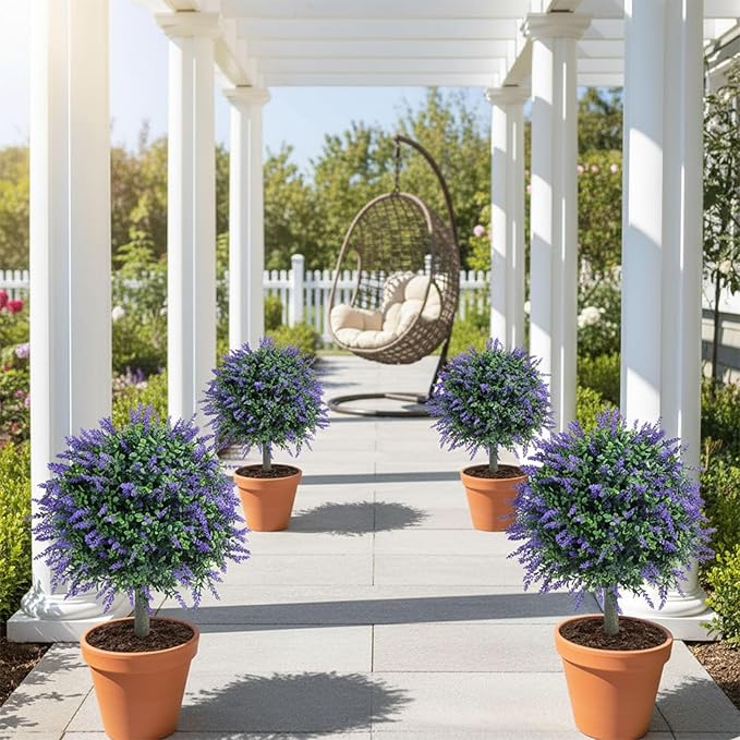 23 Inch Artificial Lavender Topiary Balls Tree, UV Resistant Faux Boxwood Trees with Ground Spike, Perfect for Indoor & Outdoor Garden, Porch, Front Door, and Home Décor, Set of 2