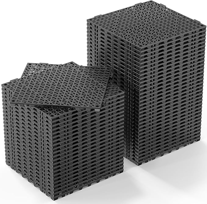 ROVSUN 55 PCS Interlocking Drainage Mat, 12’’x12’’ Drainage Tiles Interlocking,Soft PVC Floor Tiles, Non-Slip Drainage Holes for Restroom, Bathroom, Kitchen, Pool, Wet Areas,Black