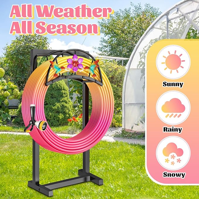 Garden Hose Holder, Heavy Duty Metal Water Hose Holders Stand with 4 Spikes, Freestanding Outdoor Water Pipe Storage Rack Hanger 150ft for Outside Yard Lawn Decor