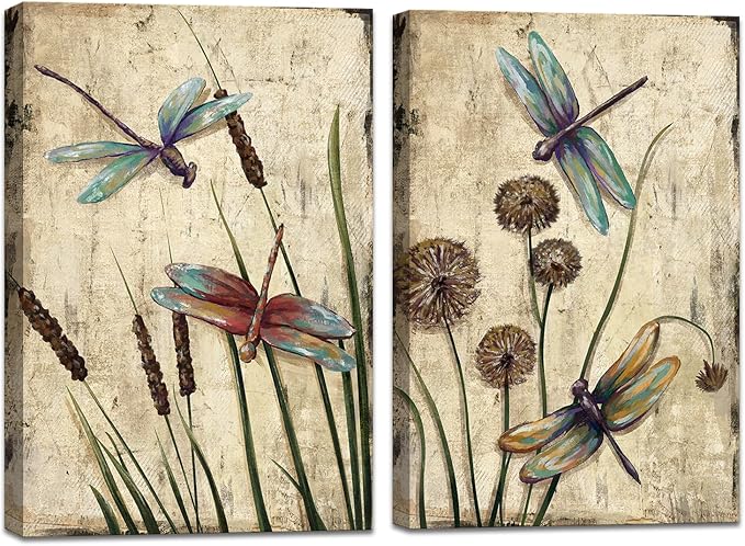 KLVOS Dragonfly Canvas Wall Art Decor Vintage Insect Dragonflies Dandelion Picture Print on Canvas Modern Animal Artwork Framed for Bedroom Bathoom Ready To Hang