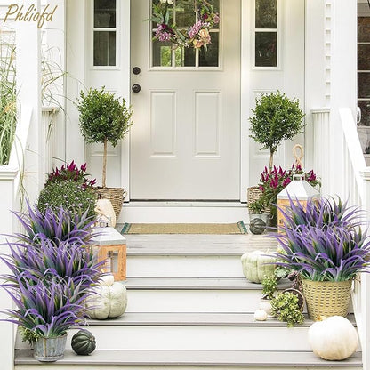 32Pcs Artificial Grass Fake Plants 17.3in Outdoor Plants UV Resistant Faux Greenery Stems Fake Grass for Home Window Garden Office Patio Pathway Front Porch Halloween Décor Green & Purple