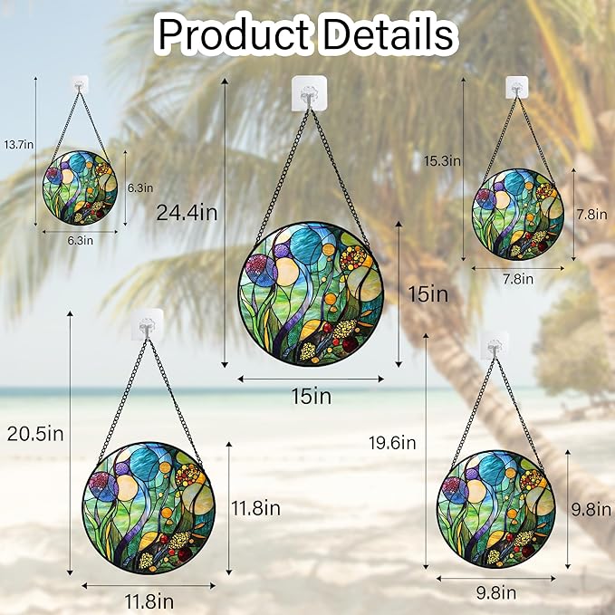 Stained Glass Window Hanging Blue Ocean Water Plants Flower 7.8" - Suncatcher Door Garden Sun Catcher Home Decor Birthday Christmas for Mom Men Woman Nana Friend
