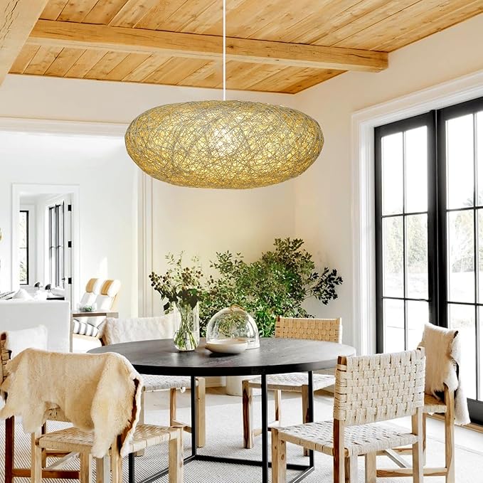Arturesthome Round Rattan Pendant Lights, Boho Wicker Chandelier Basket Lighting Fixture, Large Natural Woven Hanging Lamp for Kitchen Island