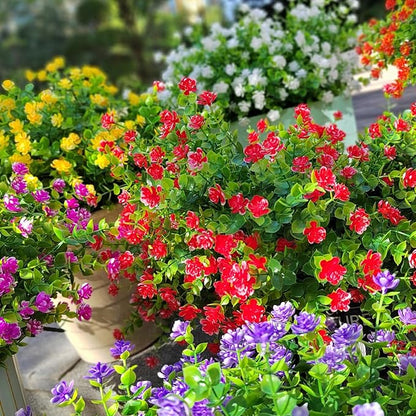 12 Bundles Artificial Flowers for Outdoors, UV Resistant Fake Flowers with Plastic Plants, Faux Flowers for Outside Window Box Front Porch Hanging Planter Decor (Red)