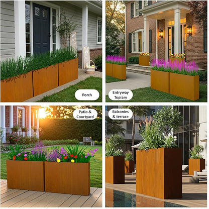Modern Metal Planter Box 36" L x 9" W x 26" H – Rectangular Cor-Ten Steel Raised Garden Bed with Drainage Holes & Removable Shelf – Outdoor & Indoor Flower Planter for Patio, Yard & Porch