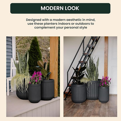 Beuta Large Planters for Outdoor Plants - Set of 3, 15/18/20 Inches Outdoor Planters for Porch - Tall Planter for Outdoor & Indoor Plants | Large Indoor Plant Pot - USA Made - Black