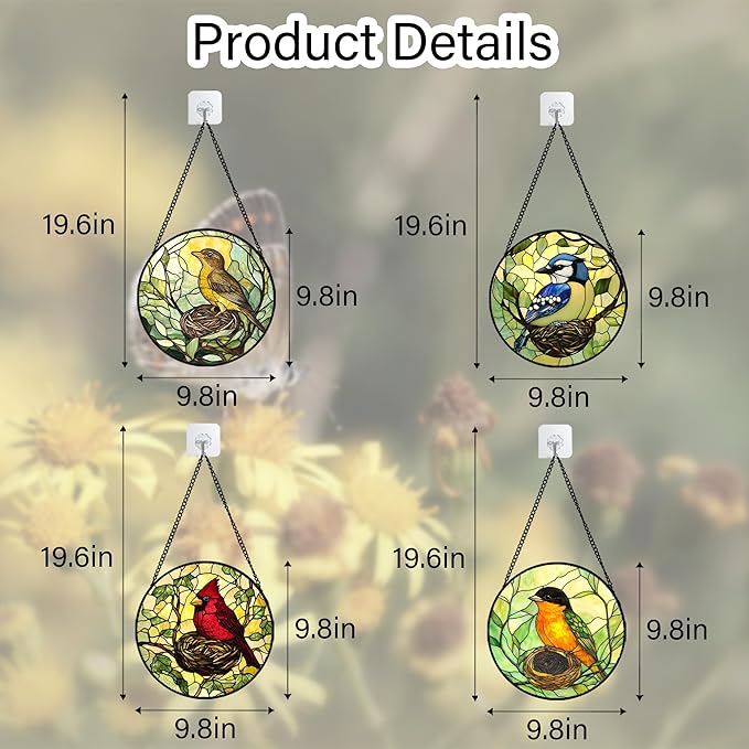 Stained Glass Window Hanging 4 Pcs Set Bird Theme On Branch 9.8" - Cardinal Suncatcher Door Garden Sun Catcher Decor Birthday Christmas for Mom Woman Nana Men