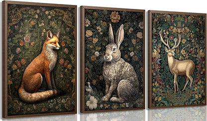 3Pcs Forest Animal Wall Art Fox Rabbit Deer Painting Pictures Wall Decor Wildlife Animal Posters Prints Dark Gothic Botanical Floral Artwork for Office Bedroom Home Decoration 16x24in