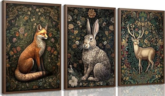 3Pcs Forest Animal Wall Art Fox Rabbit Deer Painting Pictures Wall Decor Wildlife Animal Posters Prints Dark Gothic Botanical Floral Artwork for Office Bedroom Home Decoration 16x24in