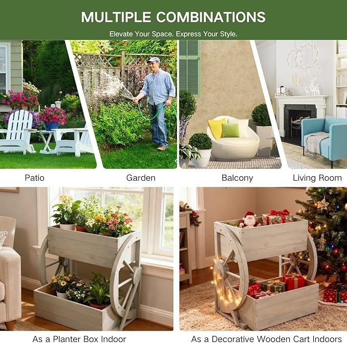 Wooden Wagon Planter Box,2-Tier Flower Pot with Wheels for Indoor & Outdoor,Rustic Garden Decor for Patio/Garden/Balcony,Gray,22.04x22.04x21.65in
