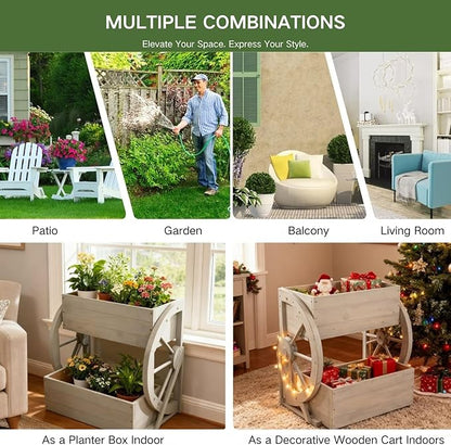 Wooden Wagon Planter Box,2-Tier Flower Pot with Wheels for Indoor & Outdoor,Rustic Garden Decor for Patio/Garden/Balcony,Gray,22.04x22.04x21.65in